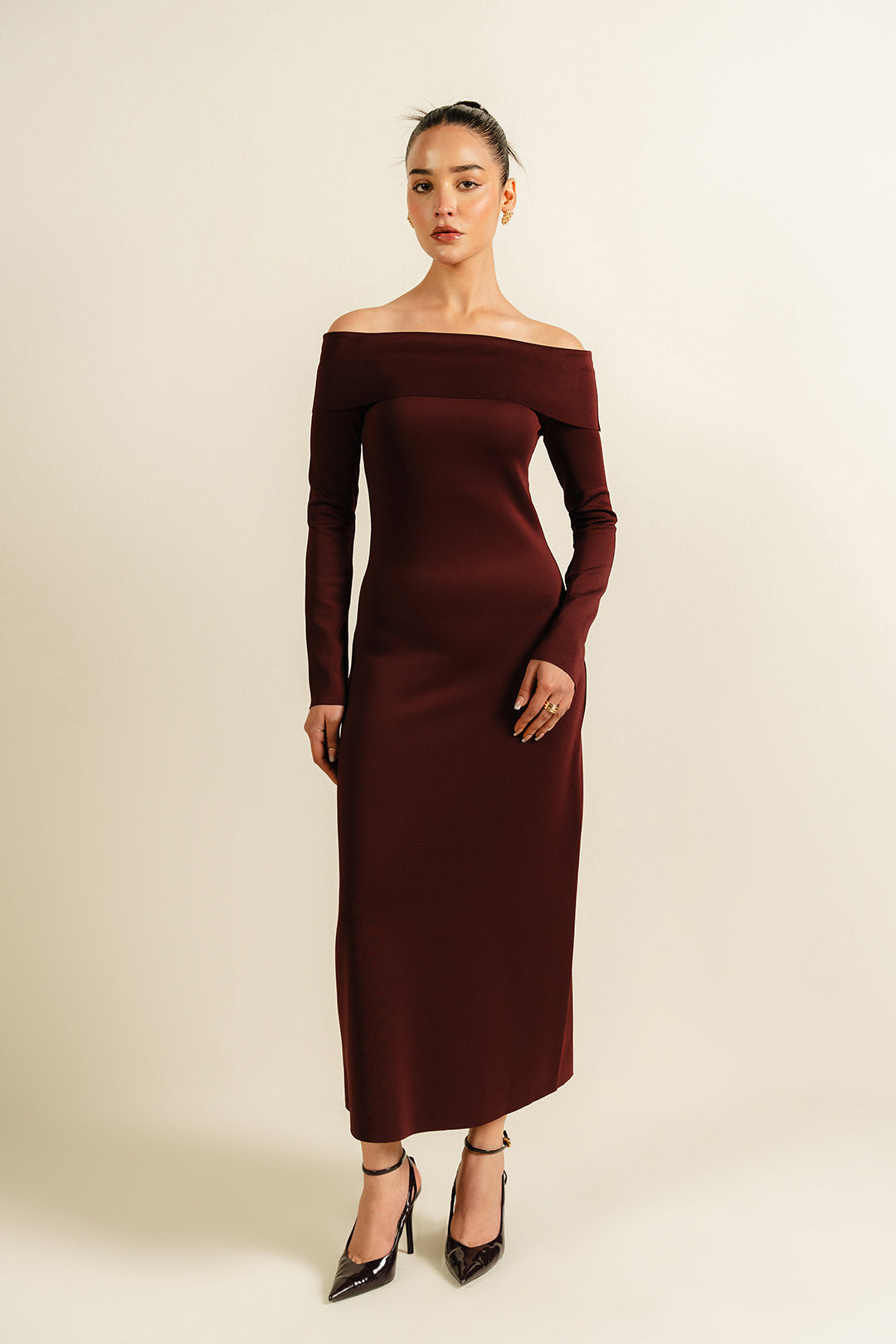 Scuba Bardot Neck Dress - Burgundy