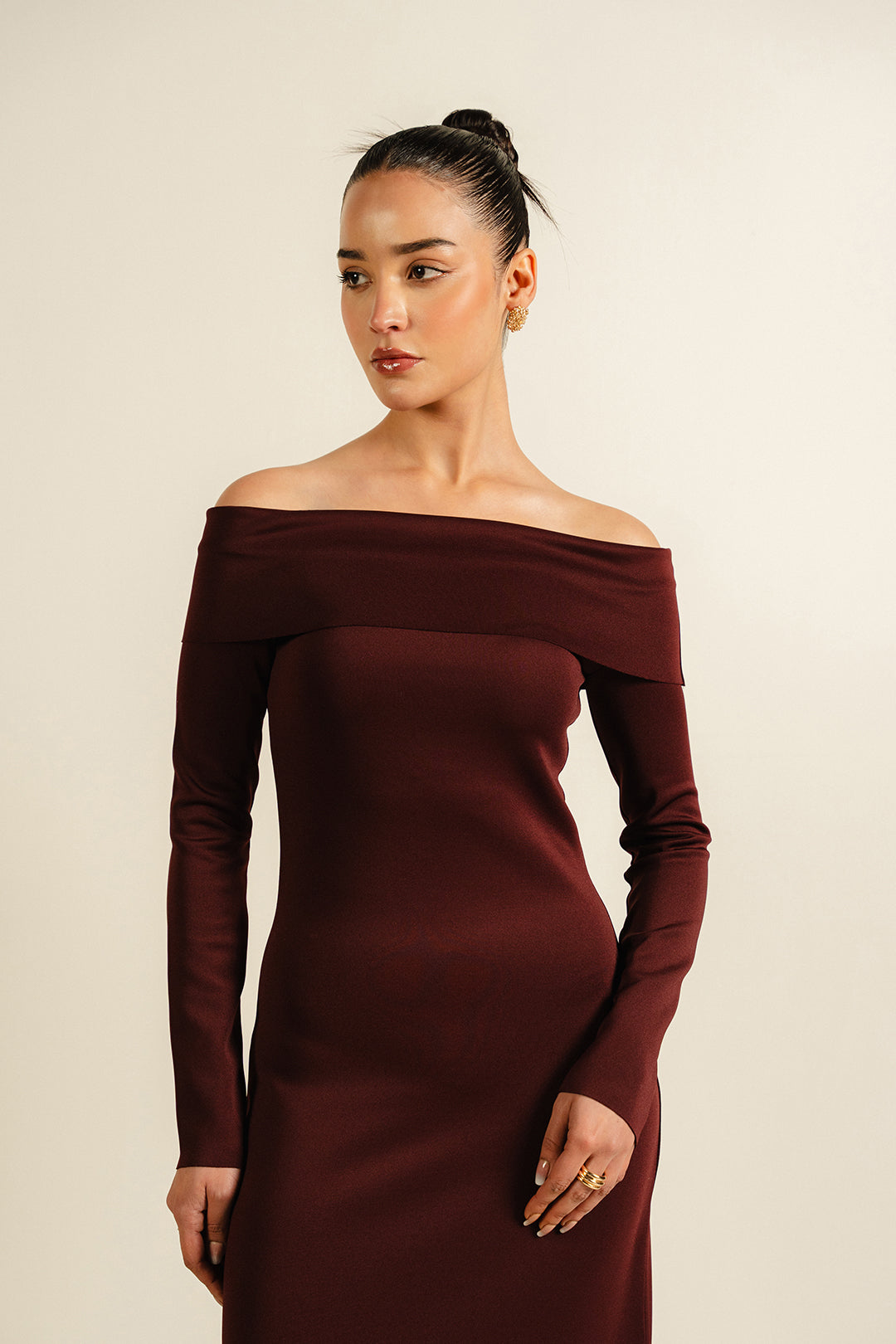 Scuba Bardot Neck Dress - Burgundy