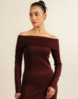 Scuba Bardot Neck Dress - Burgundy