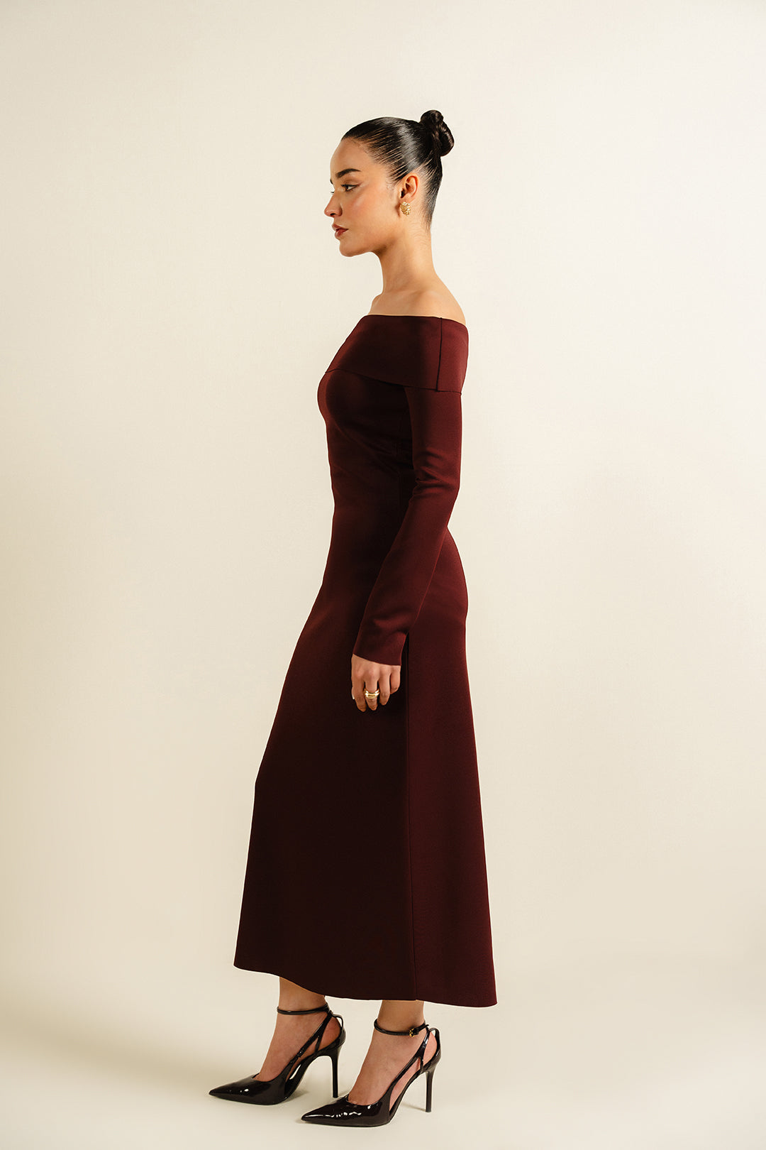 Scuba Bardot Neck Dress - Burgundy