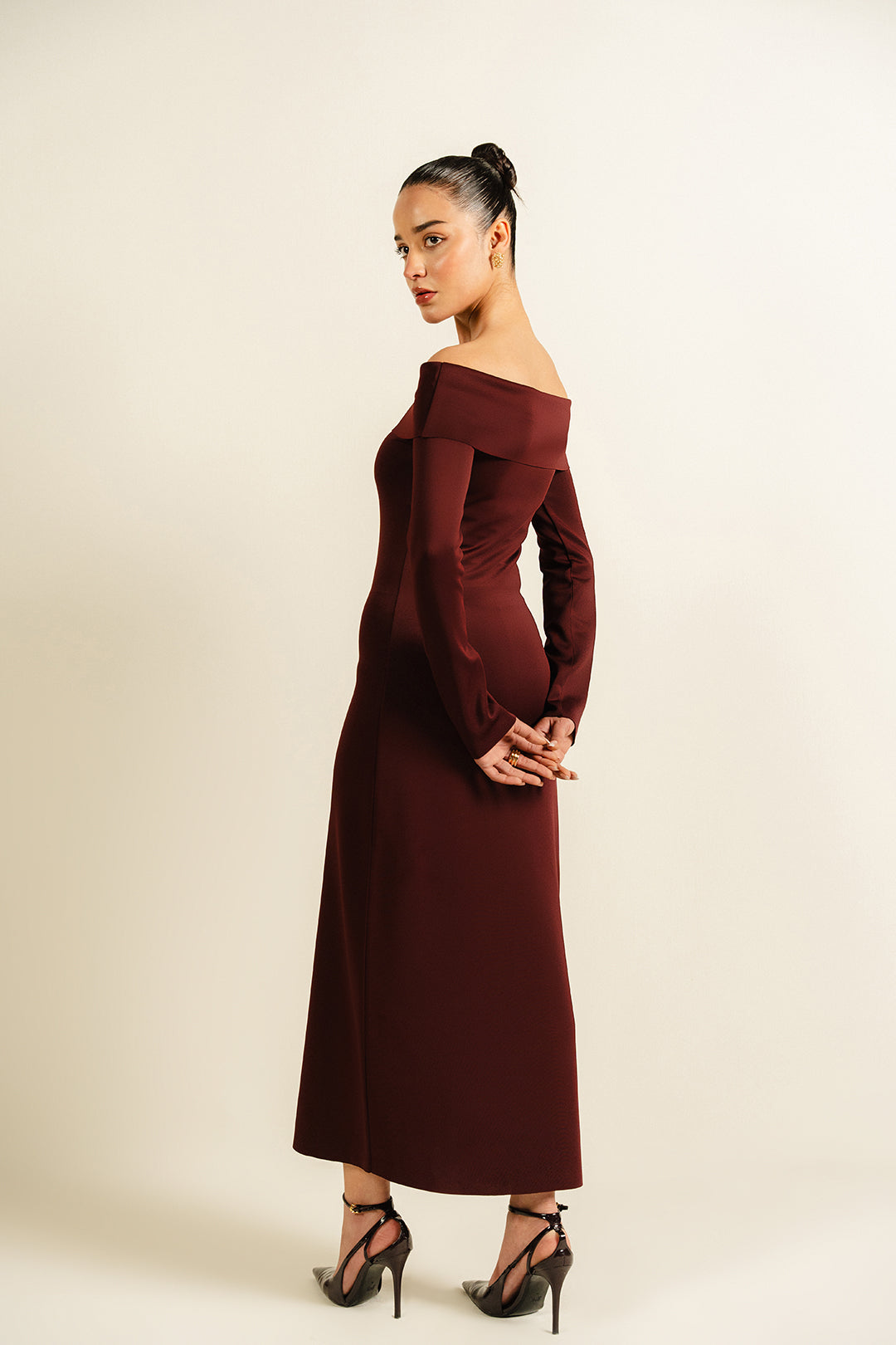 Scuba Bardot Neck Dress - Burgundy