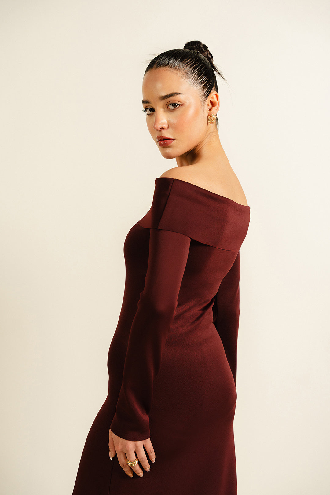 Scuba Bardot Neck Dress - Burgundy
