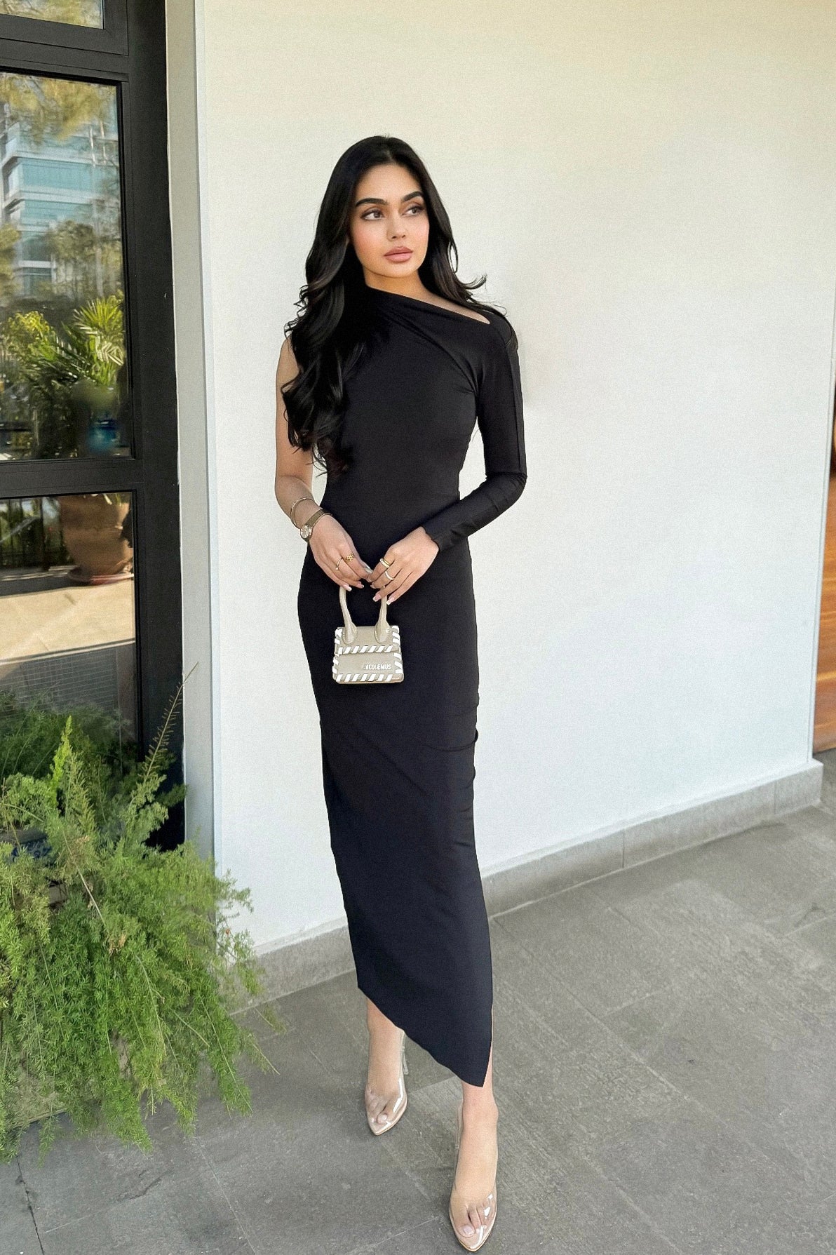 Asymmetric Pulled Neck Dress - Black