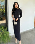 Asymmetric Pulled Neck Dress - Black