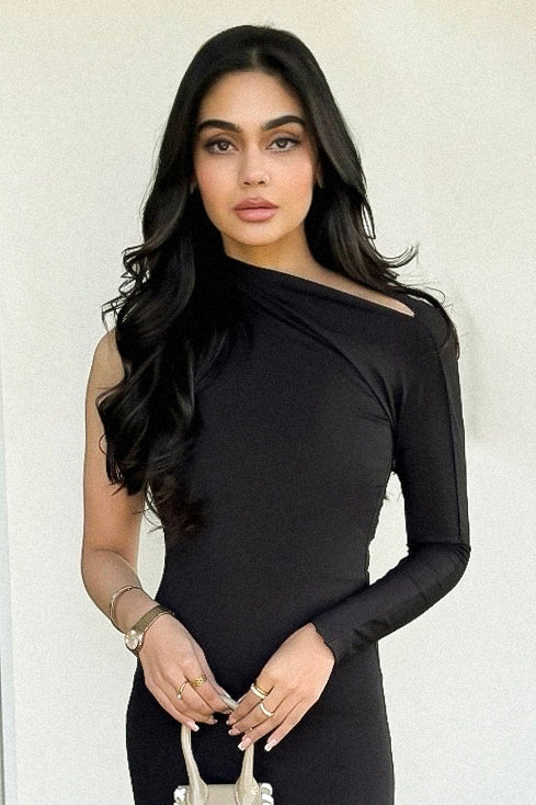 Asymmetric Pulled Neck Dress - Black