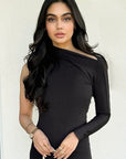 Asymmetric Pulled Neck Dress - Black