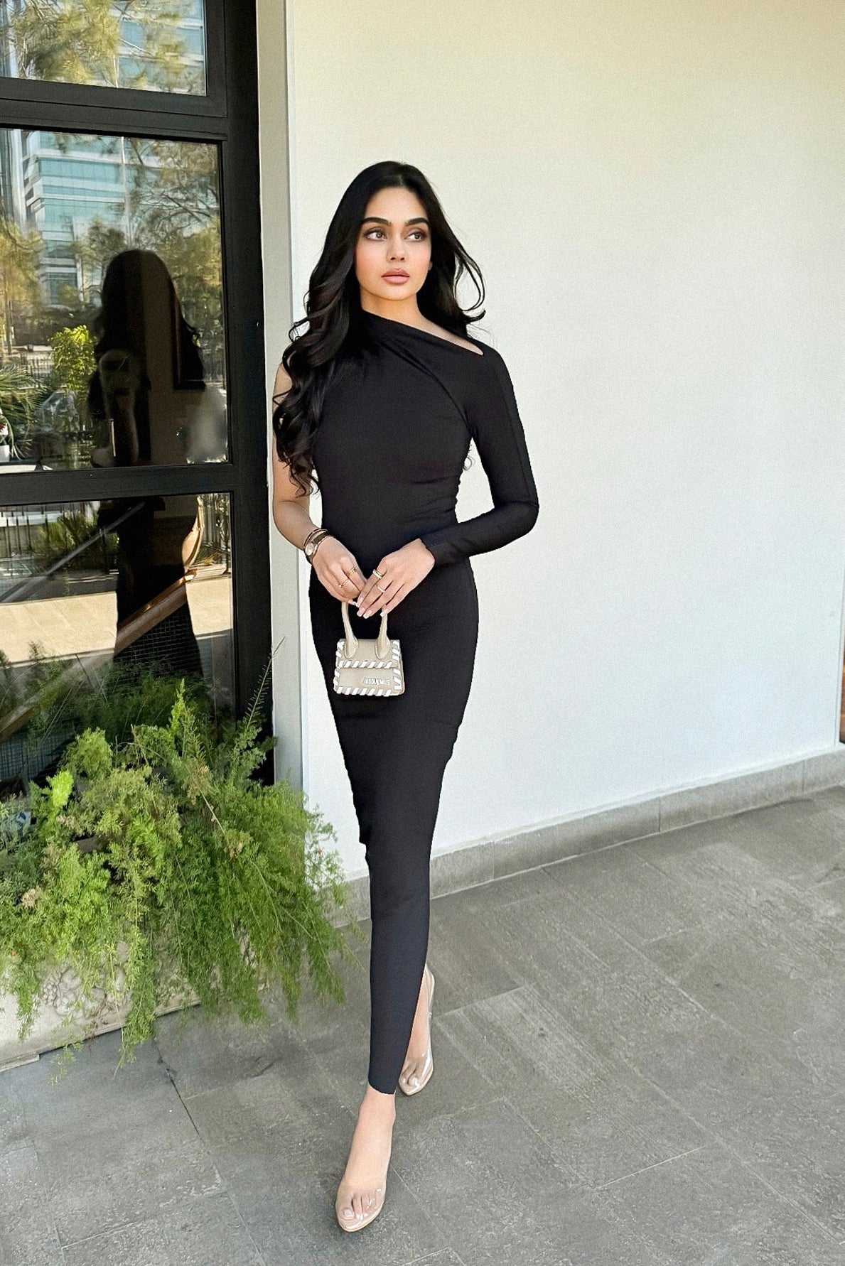 Asymmetric Pulled Neck Dress - Black