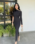Asymmetric Pulled Neck Dress - Black