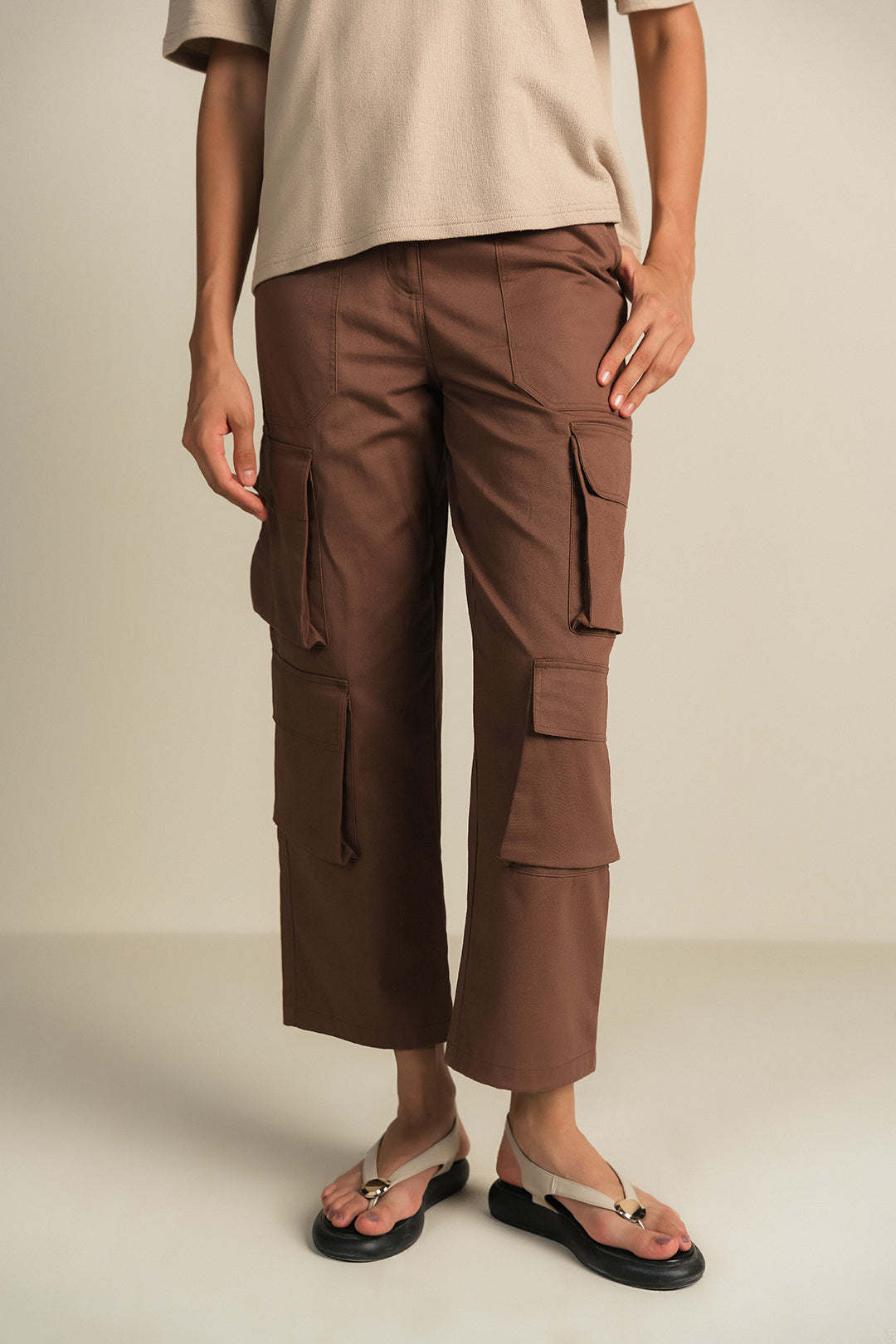 Twill Cargo Pants-Brown