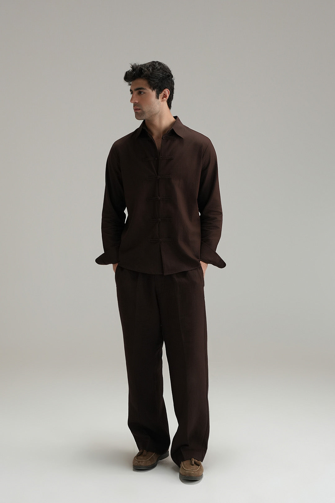 Mandarin Linen Shirt - Mocha