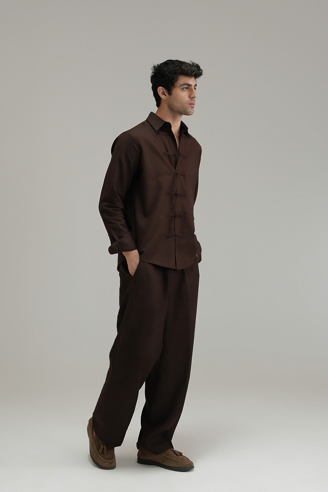 Mandarin Linen Shirt - Mocha