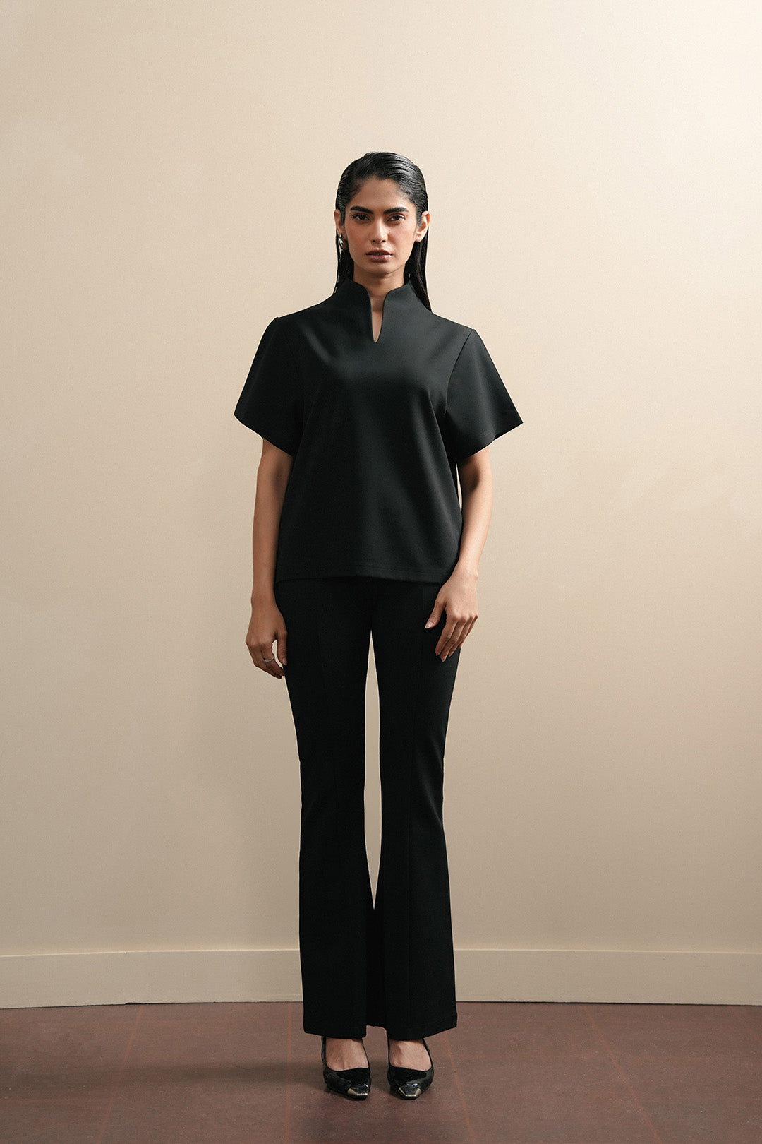 Asian Collar Knit Top - Black