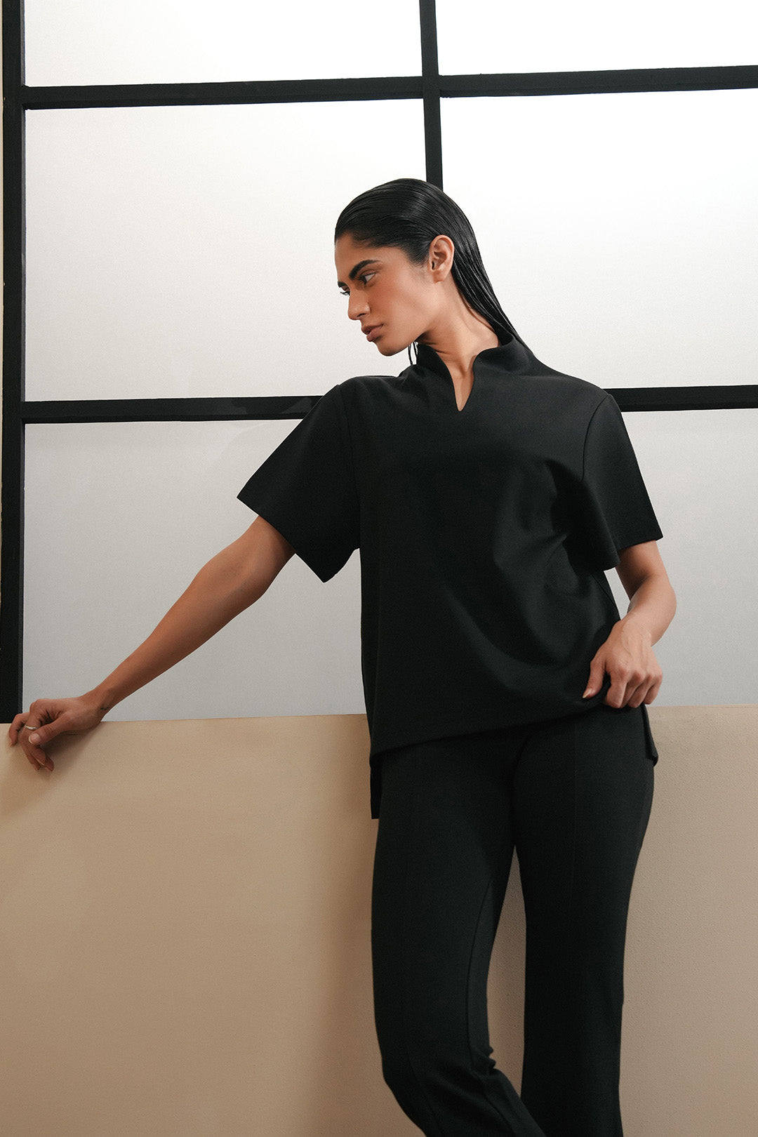Asian Collar Knit Top - Black