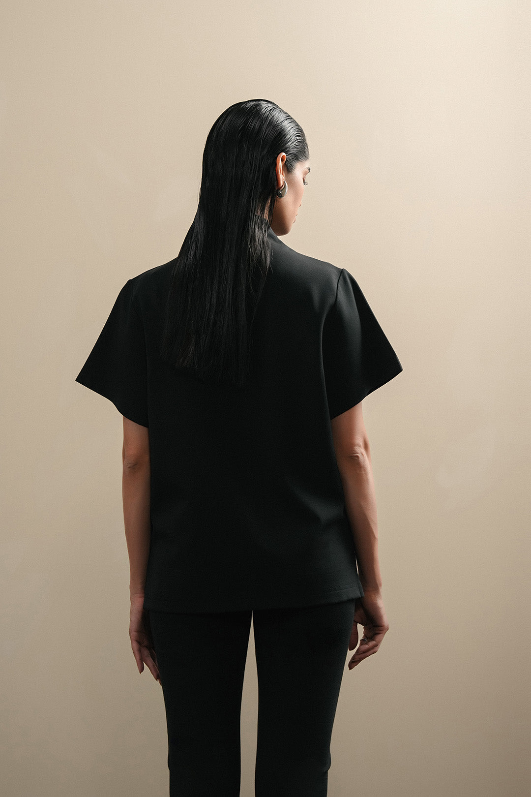 Asian Collar Knit Top - Black