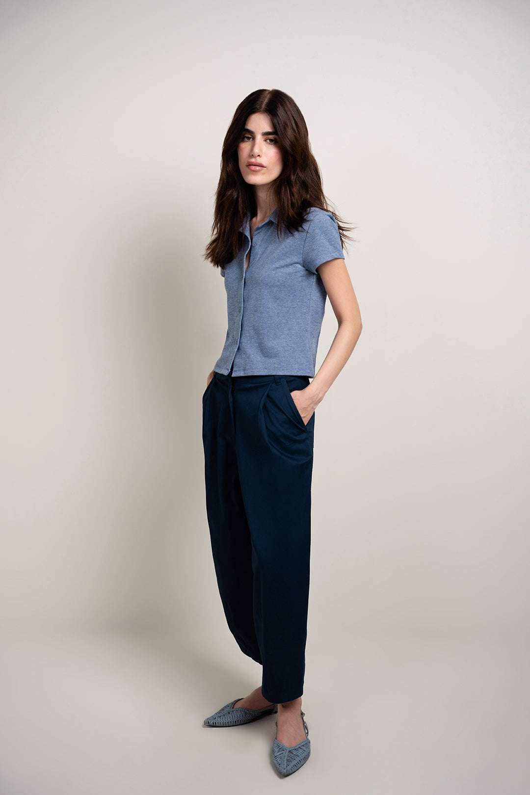 Knitted Button Up-Melange Blue