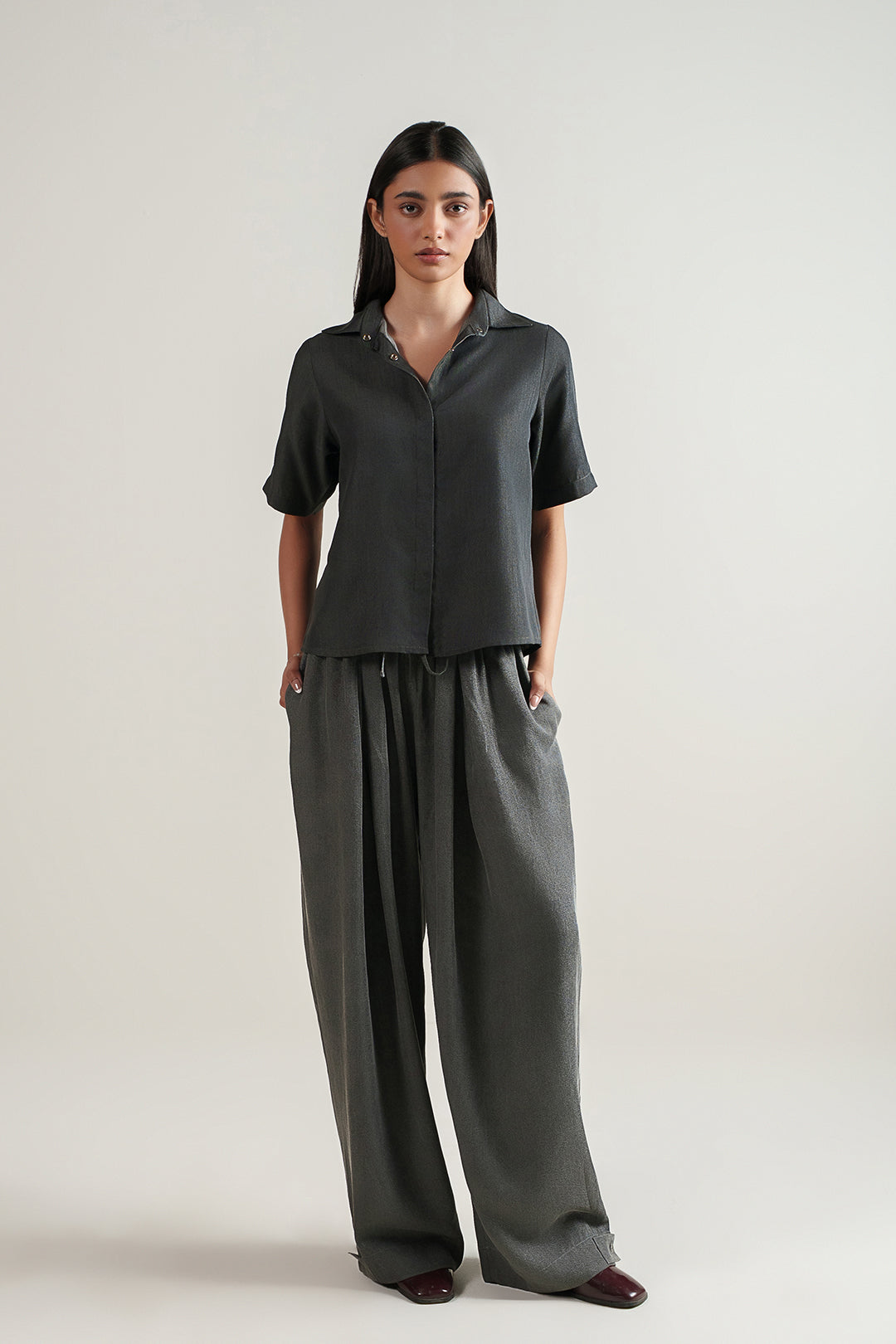 Graphite Button Components Cropped Button Down - Graphite – Koyo