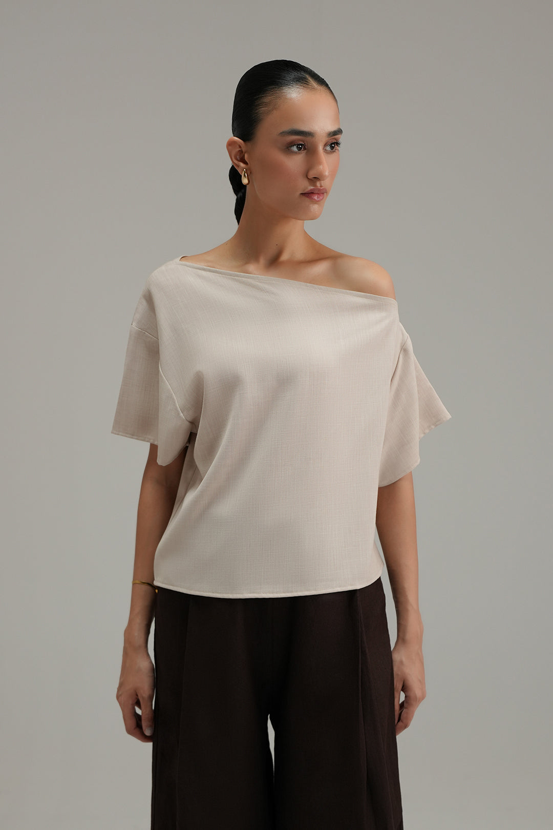 Off Shoulder Cross Hatch Top Sand