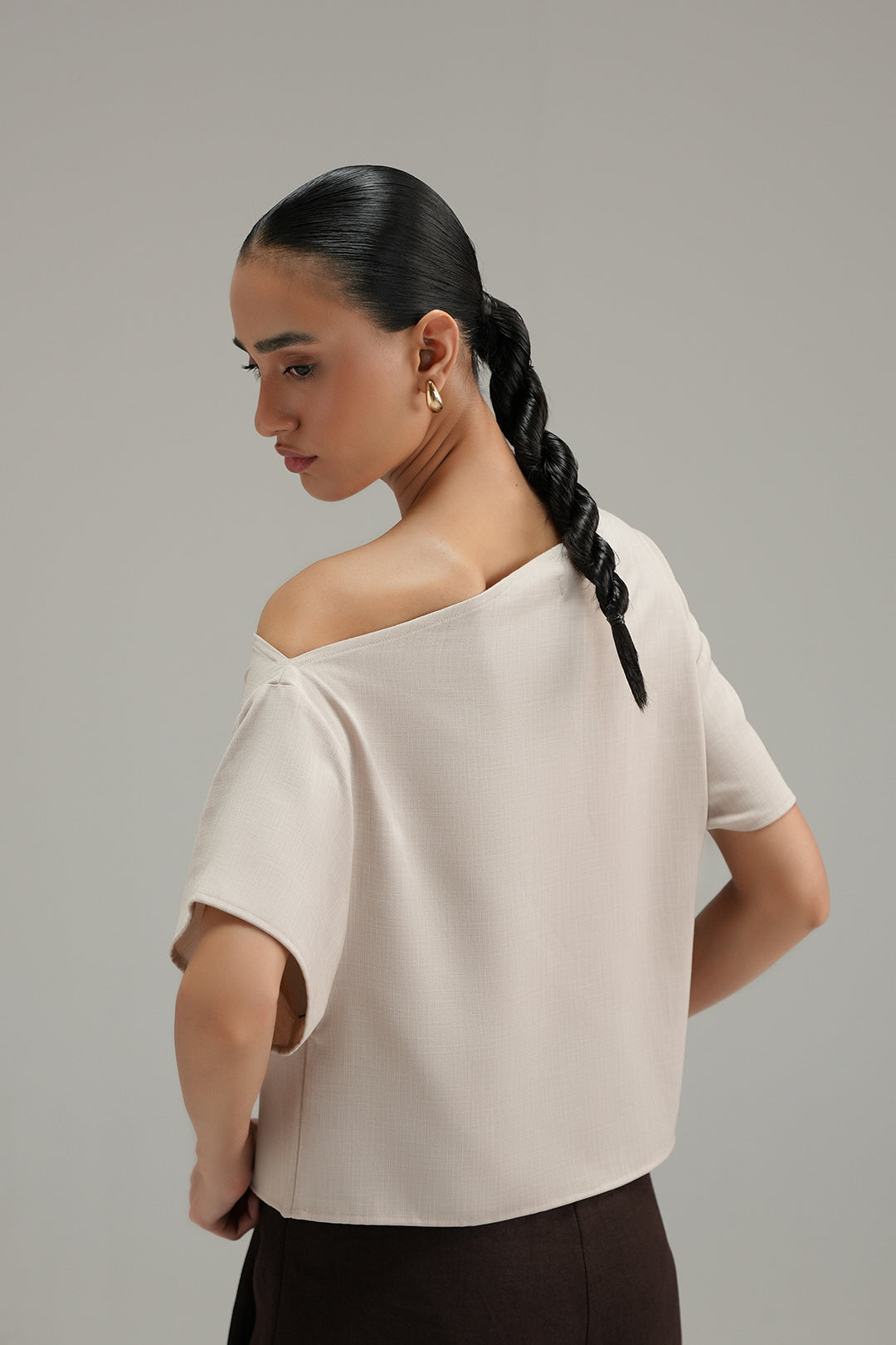 Off Shoulder Cross Hatch Top Sand