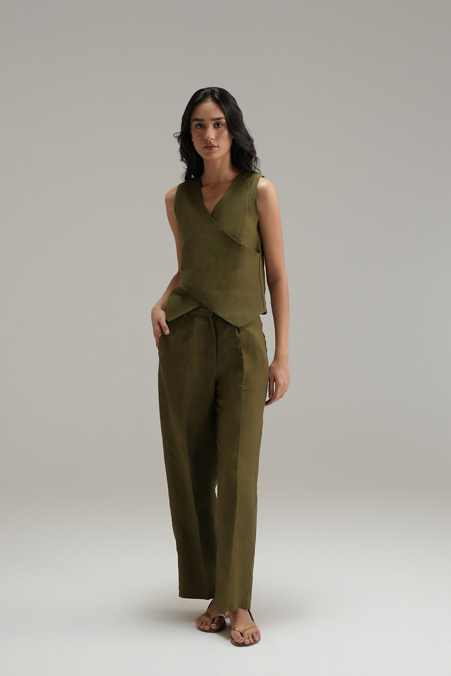 Wrap linen Top - Olive