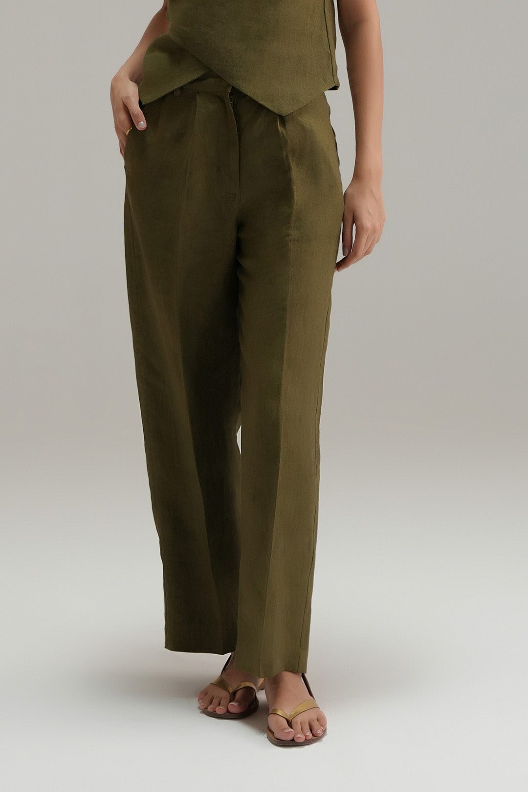 Straight Fit Linen Pants - Olive