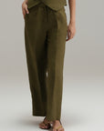 Straight Fit Linen Pants - Olive