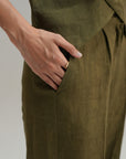 Straight Fit Linen Pants - Olive