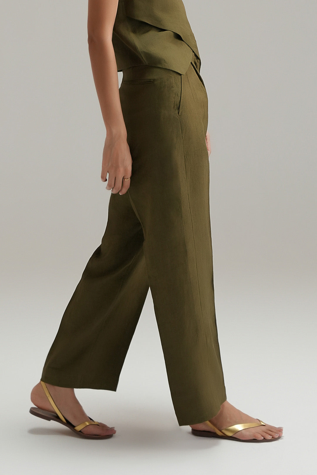 Straight Fit Linen Pants - Olive