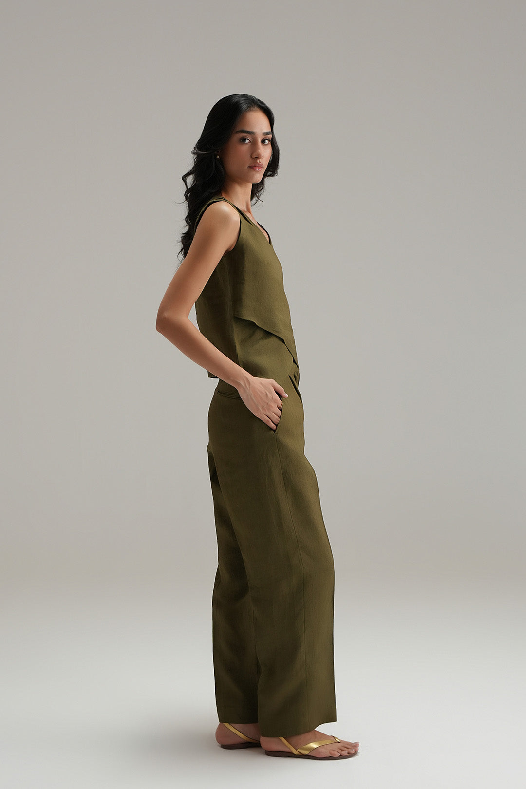 Straight Fit Linen Pants - Olive